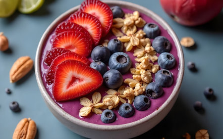 A vibrant purple acai bowl in a white ceramic bowl, garnished with fresh sliced strawberries, plump blueberries, and crunchy granola. Beautifully arranged on a blue-grey background with scattered pecans and other fruits, this image captures a refreshing and healthy breakfast or snack.の写真素材