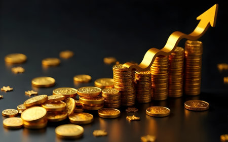 An image featuring stacks of gold coins progressively rising, accompanied by a golden arrow soaring...