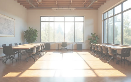A spacious and modern meeting room, brightly lit by large windows offering a lush green tree view. The interior features two long wooden conference tables, neatly arranged black office chairs, and polished parquet flooring reflecting sunlight. This setting conveys a breathable and inspiring work environment.の写真素材