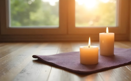 Two lit white candles sit on a soft purple cloth on a wooden floor near a window. Gentle sunlight streams in from the green foliage outside, creating a warm, relaxing, and peaceful atmosphere ideal for meditation or unwinding.の写真素材