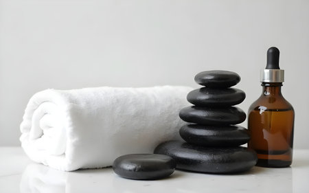 A neatly stacked pile of black spa stones rests beside a rolled white towel and an amber essential...