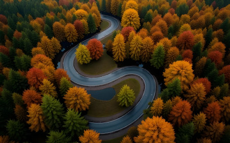 An aerial view captures a winding paved road meandering through a vibrant autumn forest. The trees...