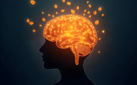 A striking silhouette of a human head in profile, featuring a glowing, orange-gold brain from which...