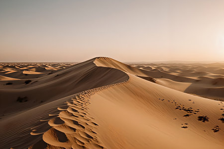 A vast landscape of a desert at dusk, showing a large sand dune with a sharp crest stretching into a...