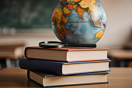 A close-up photograph of a globe placed behind a stack of three books on a wooden desk. A magnifying glass rests on top of the books. A blurred chalkboard is in the background. The image conveys a sense of education, knowledge, and learning about the world.の写真素材