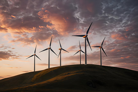 A scenic view of several wind turbines standing tall on rolling green hills. The sky in the...