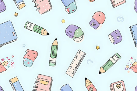 A seamless, hand-drawn illustration featuring a variety of cute stationery items scattered across a light blue background. The adorable cartoon pencils, erasers, rulers, and notebooks are rendered in a soft pastel color palette, creating a cheerful and playful mood, perfect for kids.の写真素材