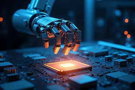 An image of a robotic arm reaching out to a glowing central processing unit (CPU) on a complex electronic circuit board (PCB). This symbolizes the close connection between artificial intelligence (AI) and computer technology, representing innovation and development in the digital age.の写真素材