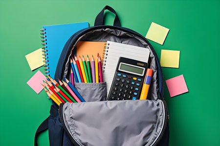 An overhead shot of an open dark blue backpack filled with neatly organized school supplies. The...