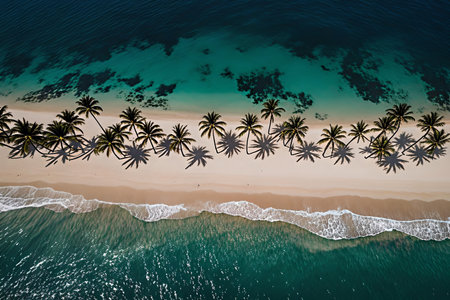 A beautiful aerial (drone) photograph of a stunning tropical coastline. A long line of lush palm...