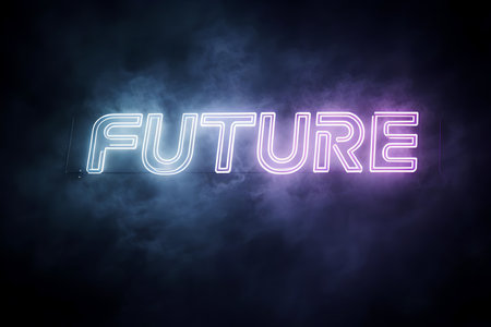 A striking neon sign spelling out the word "FUTURE" in glowing blue and purple letters. The sign is set against a dark background with wisps of smoke, creating a mysterious, futuristic, and technologically advanced vibe.の写真素材