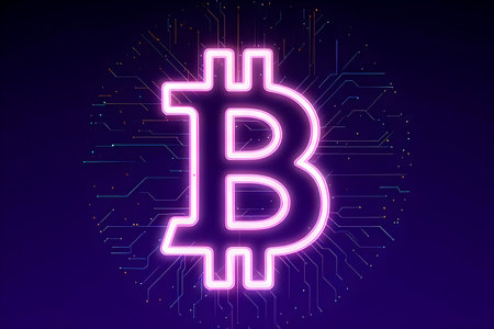 A conceptual graphic image featuring a large, glowing pink-purple Bitcoin (の写真素材