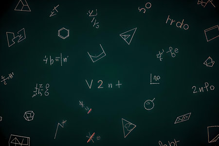 A close-up shot of a dark green blackboard with various mathematical equations and geometric shapes scattered across the surface, representing concepts of education, science, and complex problem-solving.の写真素材