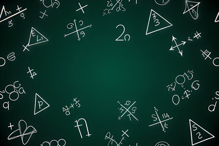 A close-up shot of a dark green blackboard with various mathematical equations and geometric shapes drawn in white chalk, surrounding an empty center. The image represents concepts of education, science, and problem-solving.の写真素材