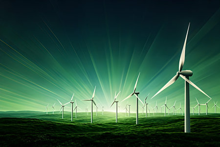 A 3D landscape image featuring a large wind turbine farm set on a vast green hillside. A vibrant green light shines in long rays from the horizon, spreading across the dark sky. The closest wind turbine has prominent white blades. This image conveys the concepts of renewable energy, the environment, clean power, and a nature-friendly future.の写真素材