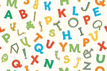 A wallpaper featuring large, colorful uppercase English letters in various sizes and vibrant colors like red, orange, yellow, green, light blue, and blue. Some letters have playful designs, such as an S shaped like a snake, a Q with an exclamation mark inside, or a U resembling a bucket. This image is suitable for educational materials for children or as a background for designs that need a fun and colorful touch.の写真素材