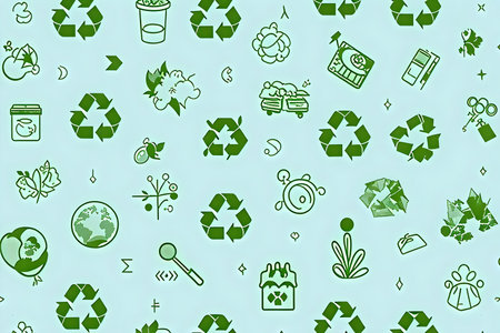 A wallpaper with a light green background and a pattern of various symbols related to environmental conservation and recycling. These include the triangular recycling symbol, a globe, trees, straws, milk cartons, and other icons representing eco-friendliness. The image has a soft, nature-friendly color tone, making it suitable for designs that convey sustainability, nature, or as a background for environmental websites and print media.の写真素材