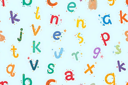 A background image featuring colorful, friendly, and cute lowercase English letters with scattered...