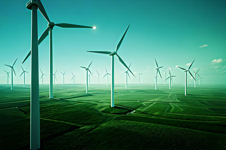 Numerous wind turbines stand tall in a vibrant green field, symbolizing a commitment to clean and...