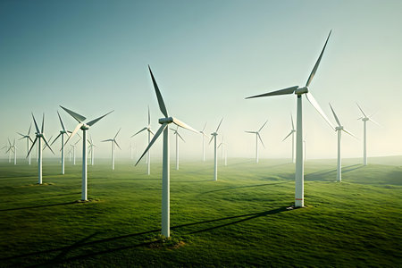 Numerous wind turbines stand majestically in a lush green field during the early morning. The soft sunlight filtering through a gentle mist creates a tranquil and elegant atmosphere, showcasing technology in harmony with nature. This image is a symbol of a commitment to producing clean energy for a sustainable future.の写真素材