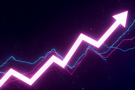 A 3D graphic image of a rapidly rising trend line chart, forming a large, glowing light pink arrow...