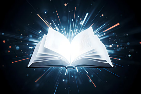 A powerful abstract graphic image featuring an open black hardcover book with a blinding white light...