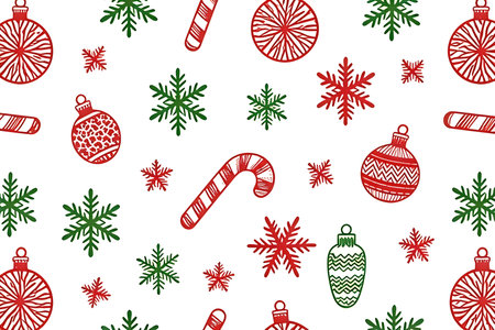 A pattern of hand-drawn Christmas-themed elements on a white background. The design features...