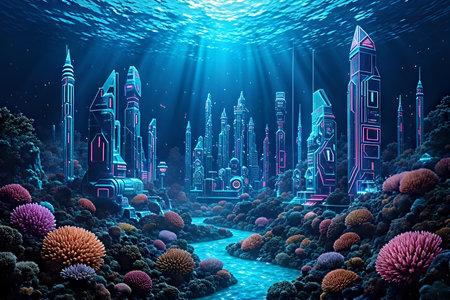 A breathtaking underwater cityscape, featuring a futuristic city glowing with vibrant pink and cyan neon lights, nestled among a lush and colorful coral reef. Sun rays pierce through the water surface above, creating a serene and mysterious atmosphere.の写真素材