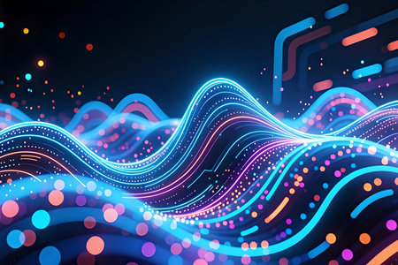 Abstract background featuring continuous waves of vibrant blue, pink, and orange neon light lines, interspersed with floating luminous dots and orbs.の写真素材