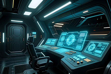 An interior view of a dark, futuristic spaceship or space station control room. The console is dominated by glowing light blue and orange screens and panels.の写真素材