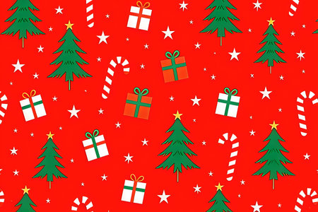 A vibrant, seamless Christmas pattern featuring a repeating arrangement of green Christmas trees, colorful gift boxes (presents), red and white candy canes.の写真素材