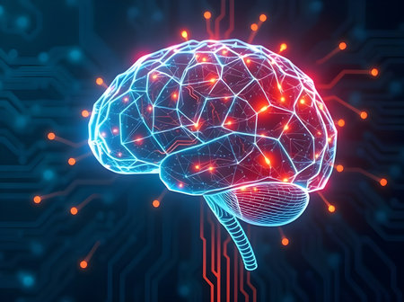 An abstract and conceptual image showcasing the human brain as a glowing blue digital network,...