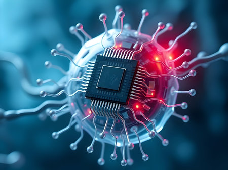 A striking 3D conceptual image featuring a dark microchip embedded within a glowing, translucent...