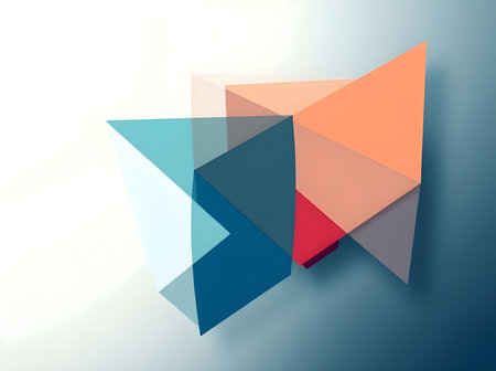 A dynamic, abstract 3D illustration featuring multiple overlapping triangular and quadrilateral geometric shapes. The color palette blends cool (teal, dark blue).の写真素材