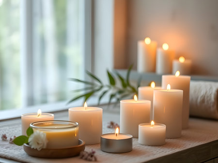 A close-up view of various sizes of white pillar and votive candles burning with a gentle flame, creating a warm, cozy, and relaxing ambiance.の写真素材