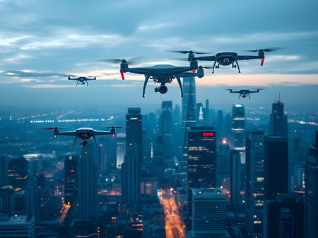 This elevated perspective image captures multiple drones flying over a vast metropolitan cityscape during twilight or dawn. The city's skyscrapers and tall buildings are dark.の写真素材