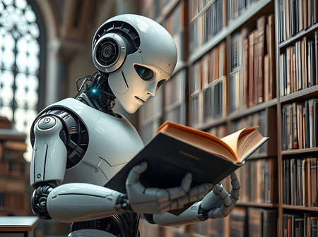 This image features a sleek, humanoid robot dressed in white and black, standing in a vast library filled with old bookshelves.の写真素材