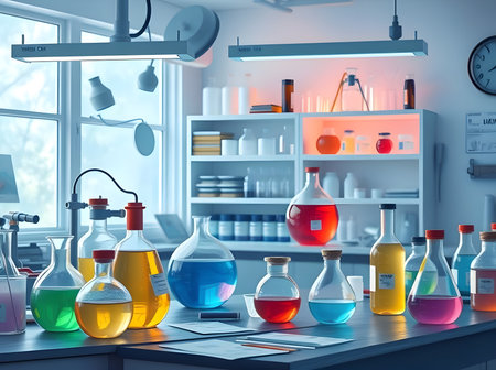An interior view of a brightly lit science laboratory filled with equipment and glassware. Various flasks and beakers contain brightly colored.の写真素材