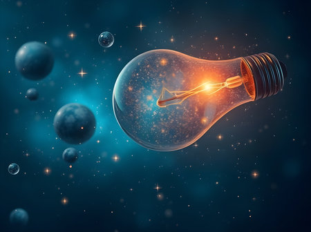 A surreal image featuring a classic incandescent light bulb floating in a dark, star-filled cosmic setting. A warm, bright orange glow emanates from the filament within the bulb.の写真素材