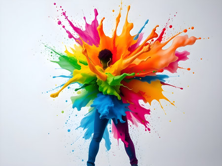 An action-packed visual featuring a person from whom a vibrant explosion of intensely colored liquid paint or fluid is violently erupting outwards in a dynamic splash pattern.の写真素材