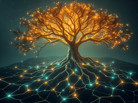 A striking conceptual digital illustration featuring a massive, ancient tree with sprawling roots and branches set in a dark, misty forest atmosphere.の写真素材