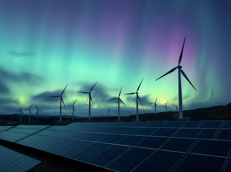 A spectacular landscape of a renewable energy farm at night or dawn. Giant, dark blue solar panels...