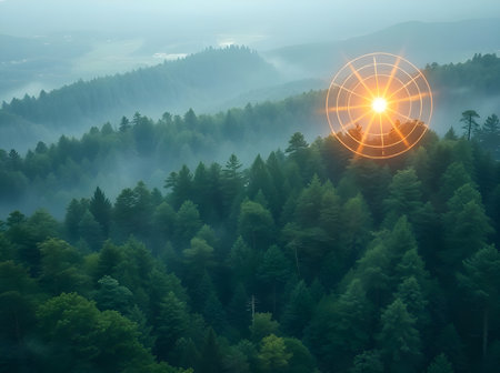 A tranquil and mysterious landscape featuring deep green pine forests and misty valleys, bathed in cool blue-gray light, suggesting dawn or dusk.の写真素材