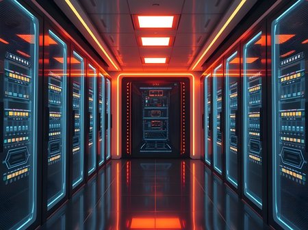 A futuristic, symmetrical interior shot of a large data center corridor. Rows of sleek black server racks line both sides of the aisle.の写真素材