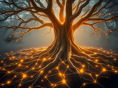 A striking conceptual digital illustration featuring a massive, ancient tree with sprawling roots and branches set in a dark, misty forest atmosphere.の写真素材