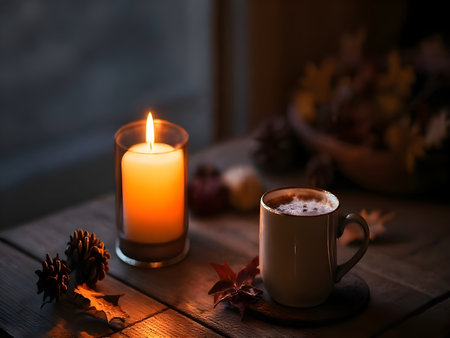 A warm and intimate close-up shot featuring a mug of hot coffee or beverage on a wooden table, illuminated by the soft, golden glow of a flickering candle in a glass holder.の写真素材