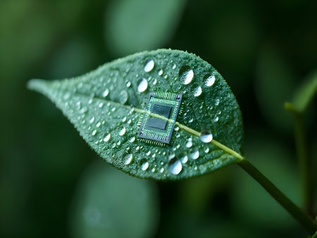 A stunning macro photograph featuring a tiny dark microchip resting on a vibrant green leaf covered in crystal clear dew drops.の写真素材