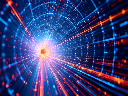 An abstract, high-speed journey through a glowing digital data tunnel. The image features a vibrant...