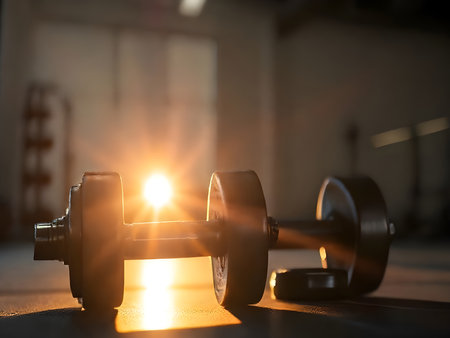 A close-up, dramatic shot of a single dumbbell resting on a gym floor or mat. A bright lens flare...