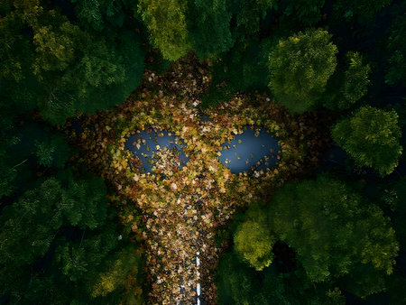 An intriguing aerial view of a dense forest where two small, dark pools of water, surrounded by a carpet of vibrant autumn leaves, appear remarkably like a pair of eyes looking up.の写真素材